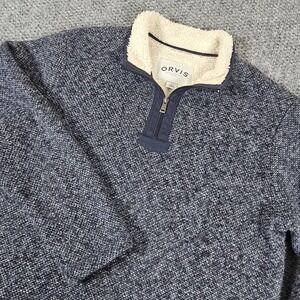 ORVIS Sherpa Lined Quarter Zip Pullover Sweater Mens L G Heathered Blue